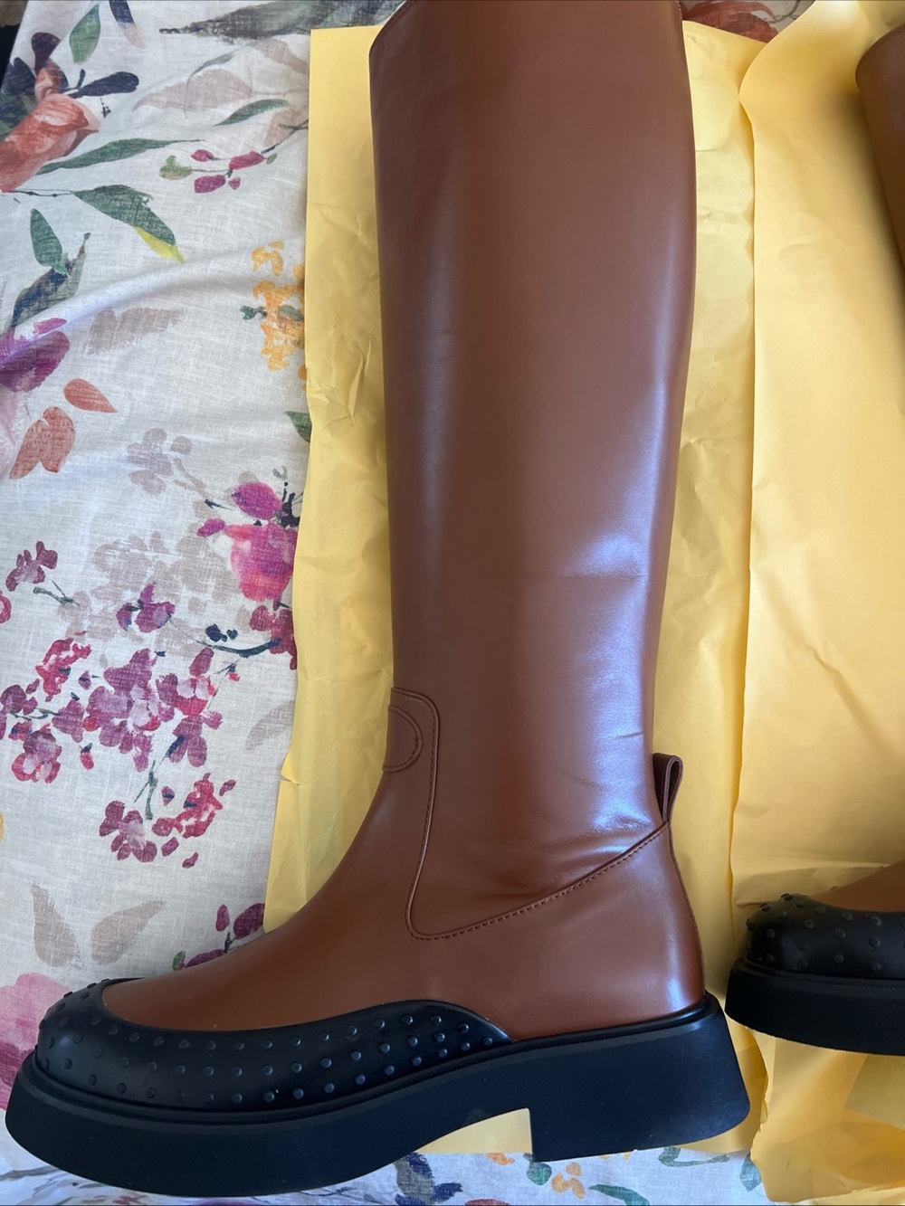 Tod’s Brown Tall Leather Riding Boots with Black Studded Toe 36.5